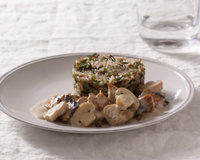 Blanquette de veau aux Champignons de Paris à la crème fraiche, Trompettes de la mort, Morilles et riz aux herbes fraîches