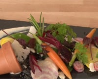 Légumes primeurs dans leur pot de terre, crème de haricots de Soissons