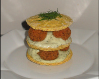 Mille-feuilles aux truffes de saumon sur sa crème de courgettes