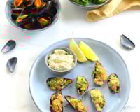 Moules gratinées au jambon cru et pousses d'épinards