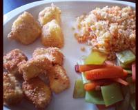 Assiette de duos végétariens avec duo de légumes, duo de céréales, duo de croquettes tofu et mozzarrella.