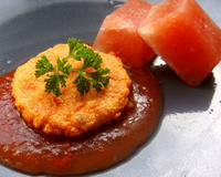 Mousse de tomate tiède, coulis glacé