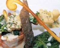 Roulé de saumon mi-cuit fourme d'ambert et épinards brochette maraîchère aux herbes gâteau de merlan aux lentilles en habit vert