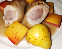 Chapon au boudin blanc et aux poires