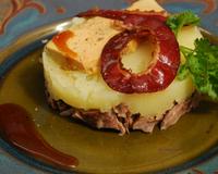 Recette festive associant plusieurs textures et le canard sous trois forme: canette rôtie, foie gras de canard et magret fumé séché