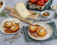 Pêches rôties au miel, Gorgonzola AOP et pignons