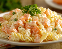 Salade de pâtes, surimi et saumon fumé