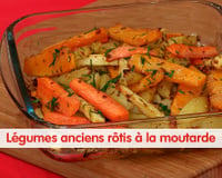 Légumes anciens rôtis à la moutarde, au miel et aux épices