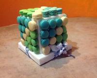 Macarons 3 parfums : caramel beurre salé, cassis et citron, piqués sur un cube en polystyrène décoré.
