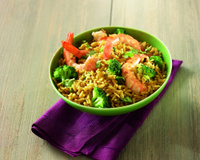 Riz complet au curry, crevettes et brocolis