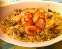 Noix de Saint-jacques et sa fondue de poireaux aux morilles