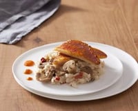 Risotto aux Champignons de Paris, aubergines grillées et poivrons rouges, filet de rouget et coulis de poivron