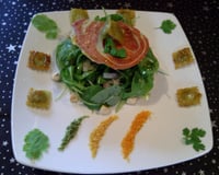 Salade de roquette, ravioles croustillantes et vinaigrette d'agrumes