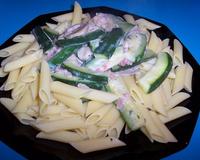 Faire revenir 100g de lardons, une petite boite de champignons, des courgettes coupées en lamelles.Rajouter de la crème en fin de cuisson.Servir avec des pennes.
