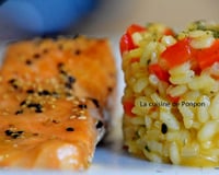 Filet de saumon mariné et son risotto au poivron rouge