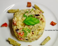 Risotto aux artichauts, tomates confites et lardons