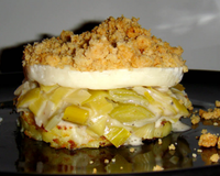 Cette recette est constituée de quatre étages : une galette de pommes de terres, une fondue de poireau au vin blanc, une tranche de fromage et enfin un crumble. Il y…