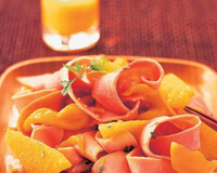 Tagliatelles de jambon, mangue et orange