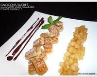 Gnocchis sucrés à la noisette, poire juste poêlée et sauce chocolat