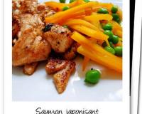 Une petite recette japonisant-printanière ! Un délicieux saumon grillé et parfumé au gingembre accompagné de jeunes carottes et petits pois frais.