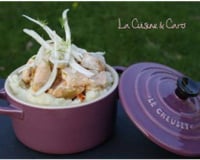 Cassolette de saumon en cru-cuit de fenouil sur purée au raifort