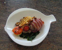 Recette de lotte barder de lard fumé accompagné de son risotto au parmesan et flan aux légumes