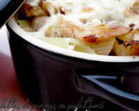 Cassolettes gratinées de pennes au poulet fumé à la crème de camembert