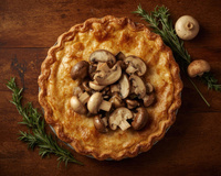 Tourte automnale aux pleurotes, vesses de loup perlées châtaignes et canard