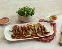 Filet mignon de porc façon hasselback aux légumes du soleil, chorizo et mozzarella