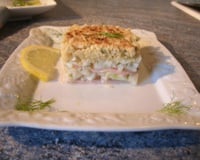Crumble en mille feuilles saumon fumé, fenouil