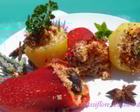 Poivrons et pommes de terre, farcis à la viande et fruits secs