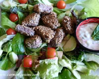 Salade d'avocat au fromage blanc et bouchée de bœuf au sésame