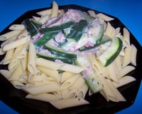 Pennes à la courgette, champignons et lardons