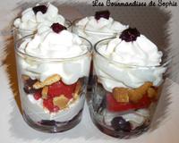 Pour préparer ces verrines, j'ai tout simplement préparé un sorbet fraise, pris des cerises et des éclats de biscuits, le tout accompagné d'une chantilly maison à la…