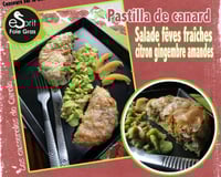 Pastilla de canard aux fèves fraiches et salade de fèves