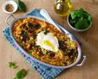Riz au four, safran, épinards et oeuf