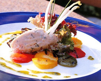 Rillettes aux deux saumons et légumes grillés à la salade de mesclun, huile d'herbes