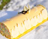 Cette délicieuse bûche composée d'une mousse à la vanille et d'une dacquoise coco renferme un insert aux fruits de la passion et à la fraise.