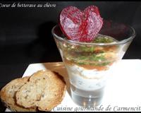 Une entrée fraîche et légère, à base de betteraves aromatisées avec le vinaigre de framboises et le chèvre frais avec une petite touche de miel.