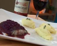 Cabillaud confit, sauce beurre rouge, purée de pommes de terre à l'huile d'olive