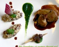 Un plat savoureux alliant le pigeon et les côtes de blettes, un jus de pigeon réduit au cassis et un jus vert de blette.
