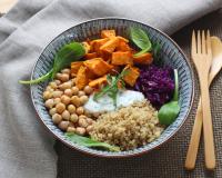 Buddha bowl patate douce, pois chiche et chou rouge