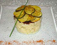 Chaud-froid de brandade de morue, tomates séchées, courgette et pomme de terre au piment d'Espelette