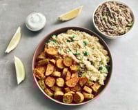 Patates douces rôties, semoule aux petits pois et rillettes de sardines