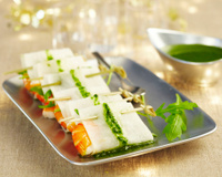 Ballotins de crevettes et roquette, pesto de menthe à l'Arôme