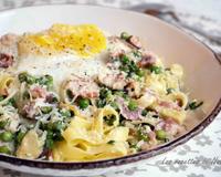 Un plat de pâtes réconfortant et très complet avec ses petits légumes, son lard et son oeuf sur le plat...
Et comme souvent avec moi, c'est aussi un plat économique…