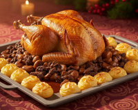 Dinde de Noël aux marrons, sa sauce aux morilles et ses pommes duchesse