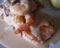 Duo de saumon et crevettes aux champignons des bois