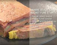 Joli marbré de foie gras au magret fumé et artichaut. Une recette originale et gourmande.