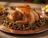 Dinde de Noël aux marrons, sa sauce aux morilles et ses pommes duchesse